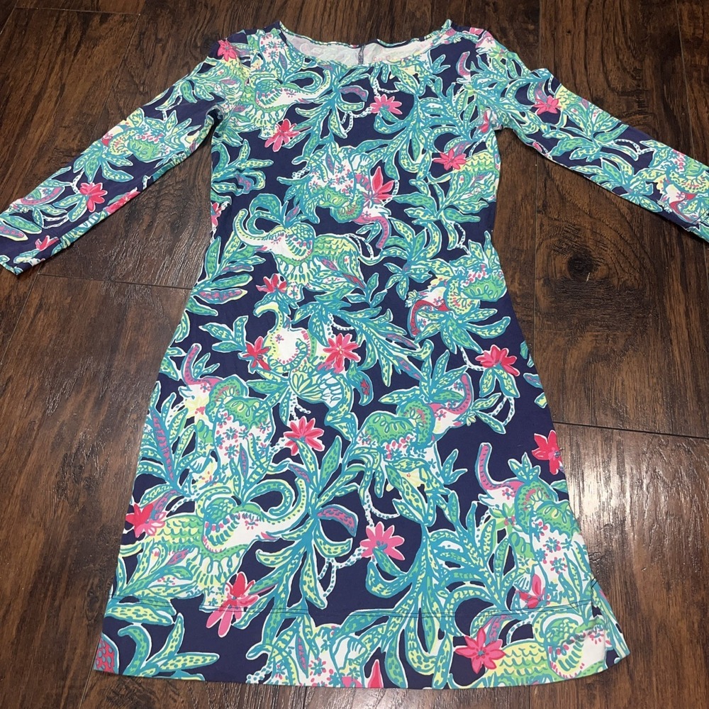 Lilly Pulitzer Tropical Elephant Shift Dress Navy Pink‎ Green Size XS